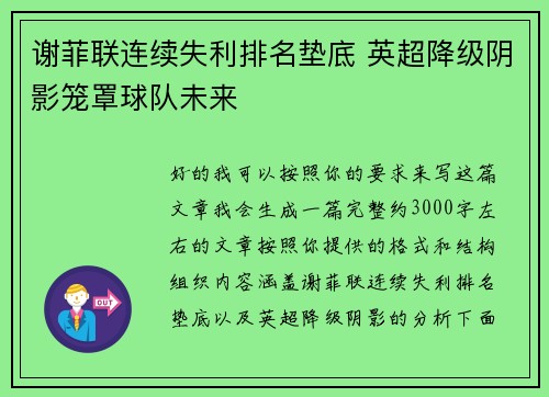 谢菲联连续失利排名垫底 英超降级阴影笼罩球队未来